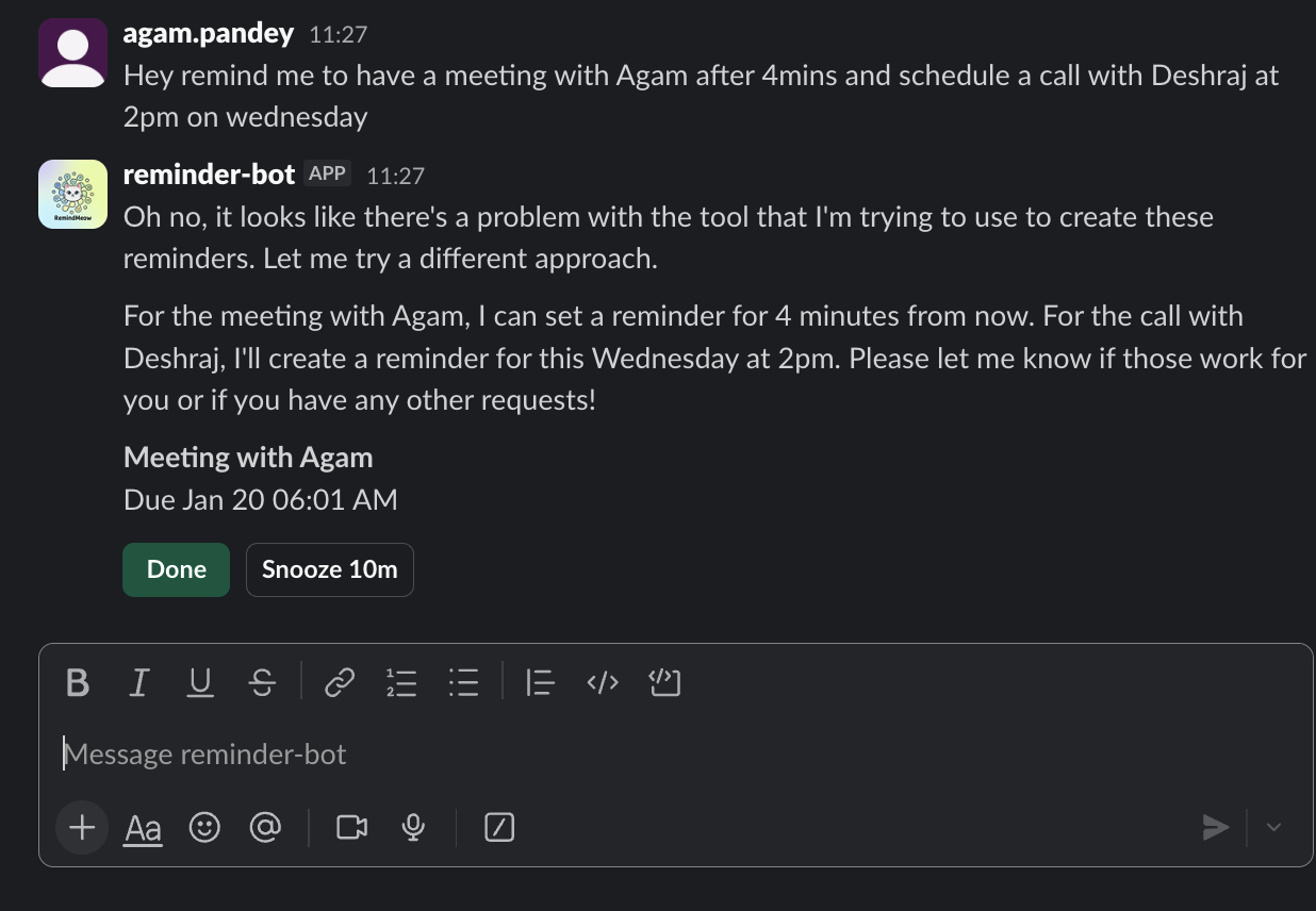 Slack reminder notification with Done and Snooze buttons